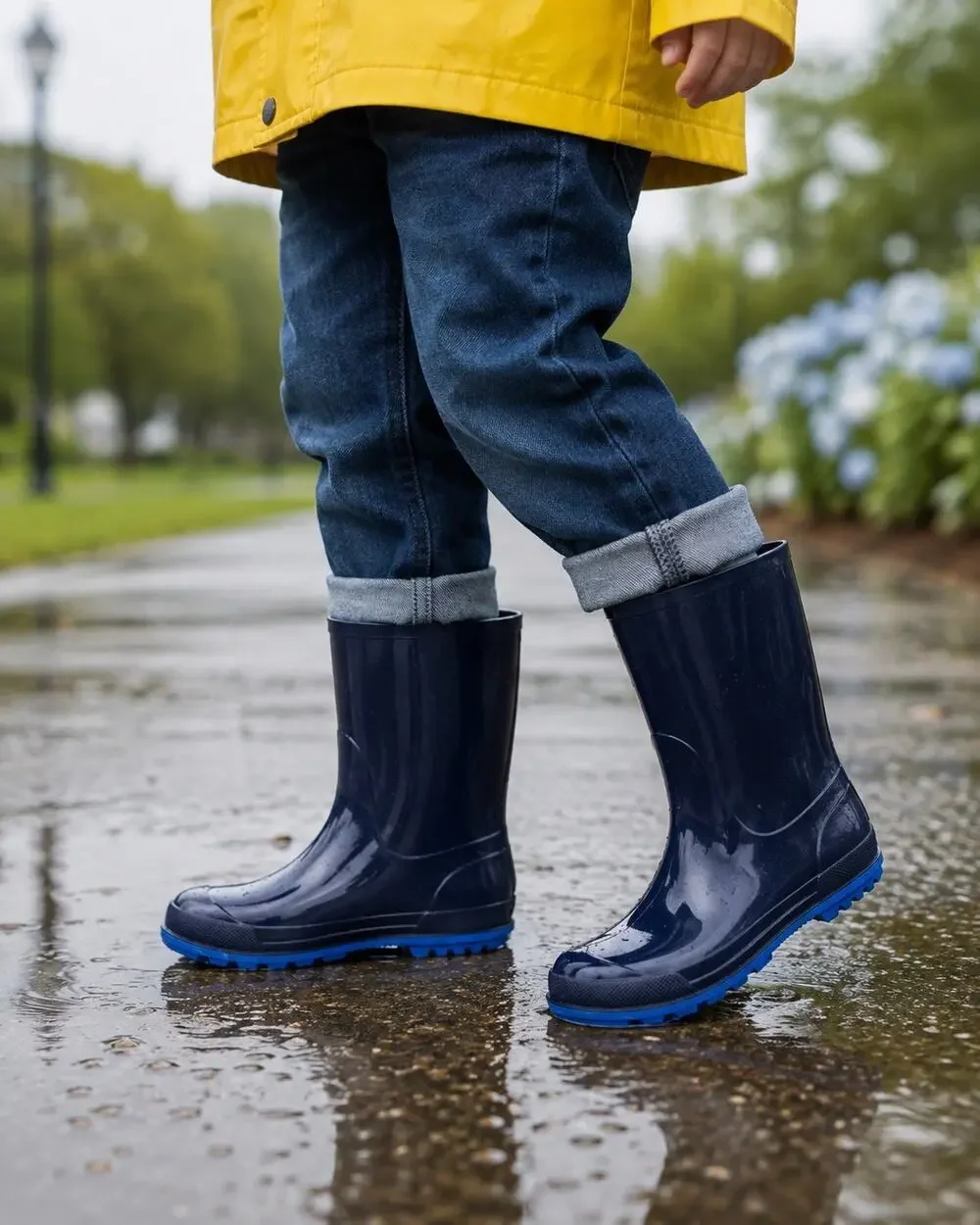 Unisex Kids Navy/Blue Rubber Rain Boots Pull-On Mid-Calf Round Toe Size 3